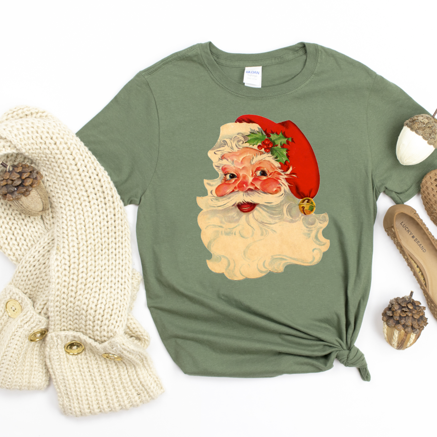 Vintage Santa on Olive Tee